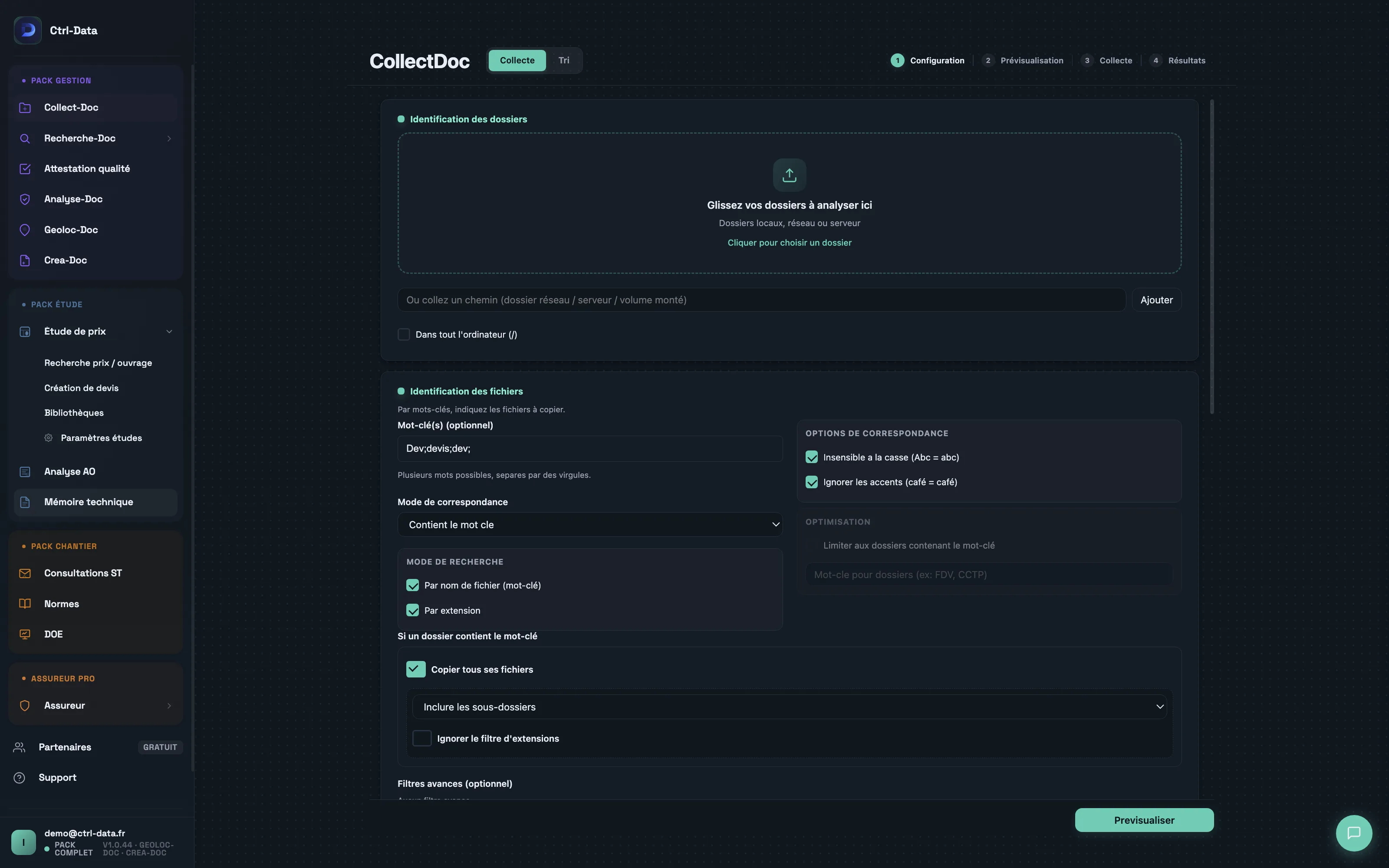 CollectDoc — configuration de collecte